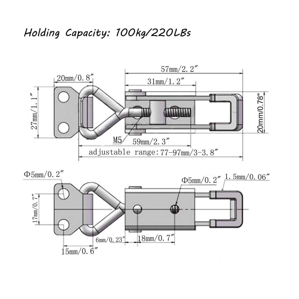 Line drawing of adjustable stainless steel toggle latch clamp with size dimensions