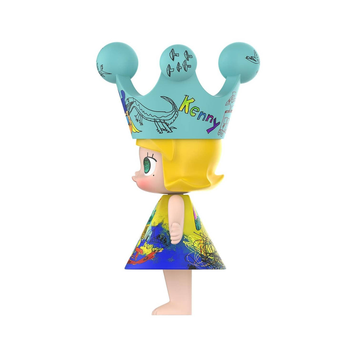 Royal Molly collectible doll side profile, teal crown and yellow hair, printed dress