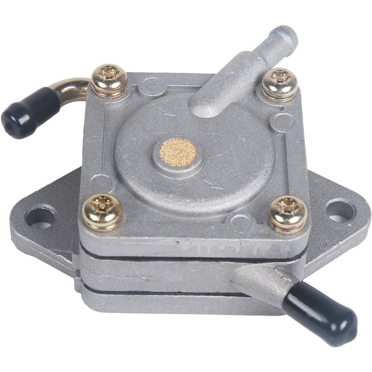 Fuel pump with metal mounting plate, brass screws, and rubber hose fittings