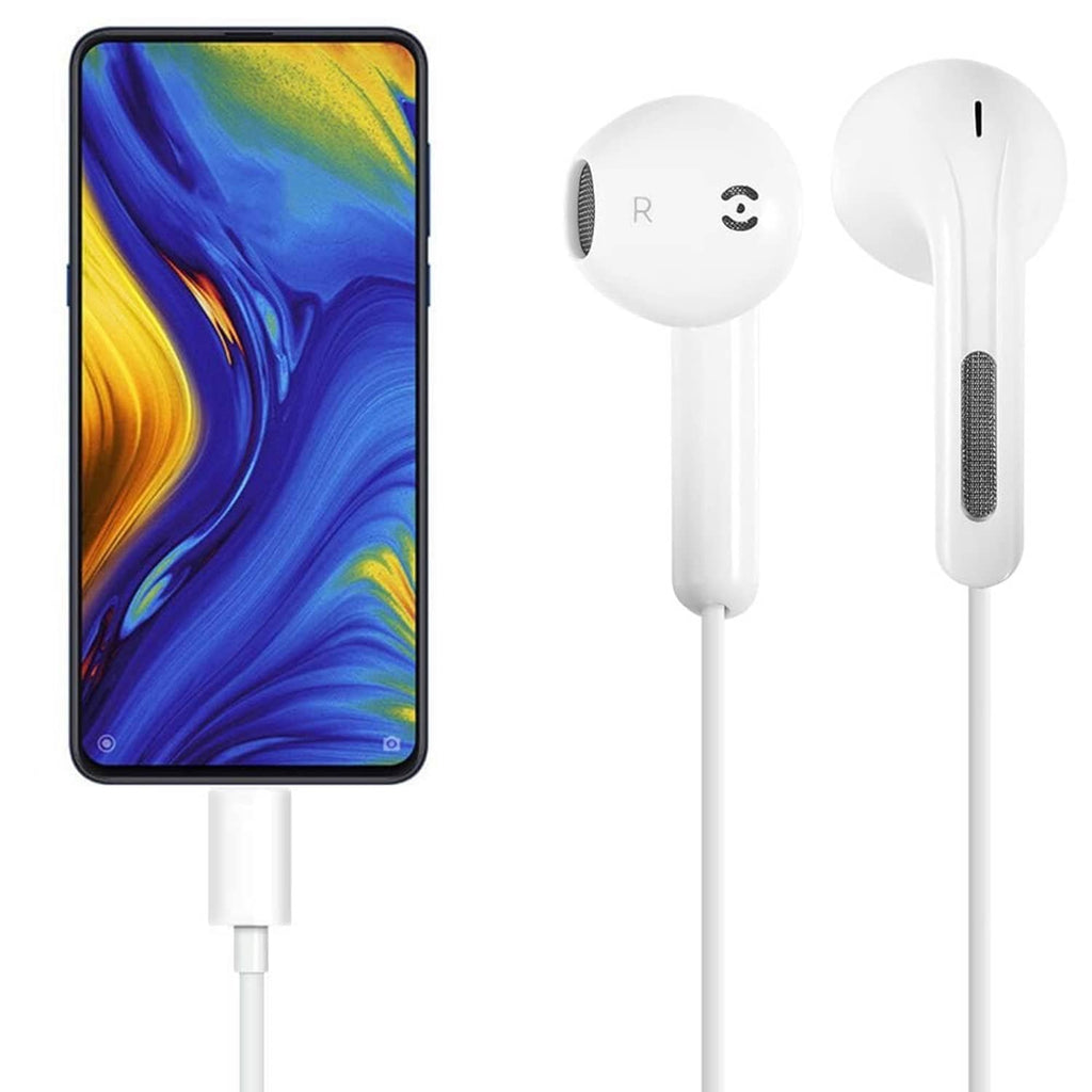 White USB-C in-ear earbuds with R/L markings and cable connector