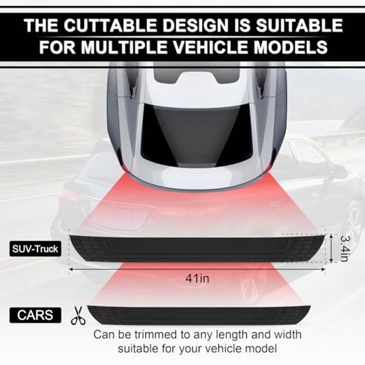 Black cuttable rear bumper protector strip with raised tread texture for vehicles