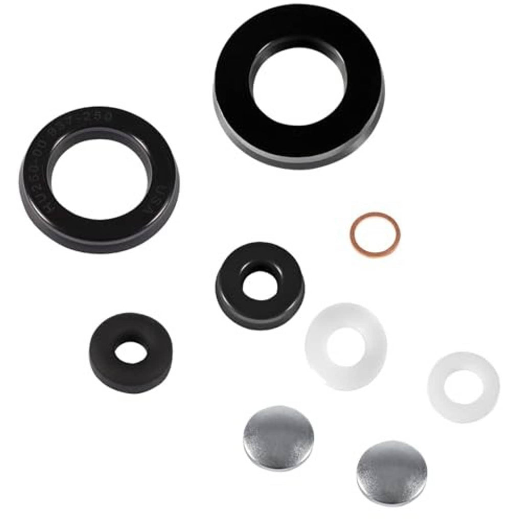 Floor jack seals kit parts: black sealing rings, small grommets, white O-rings, metal caps