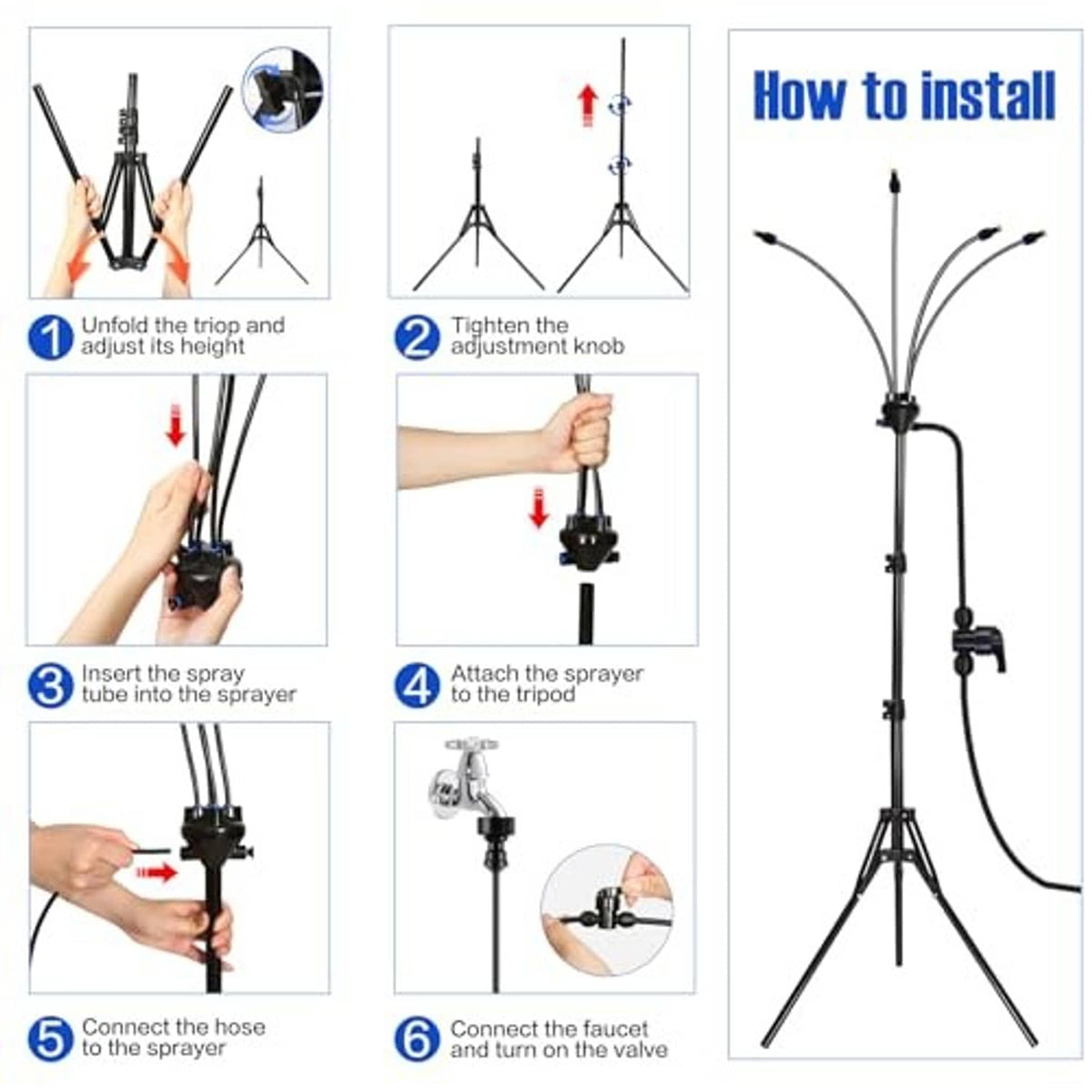 Outdoor misting stand showing install steps for adjusting tripod and connecting the hose