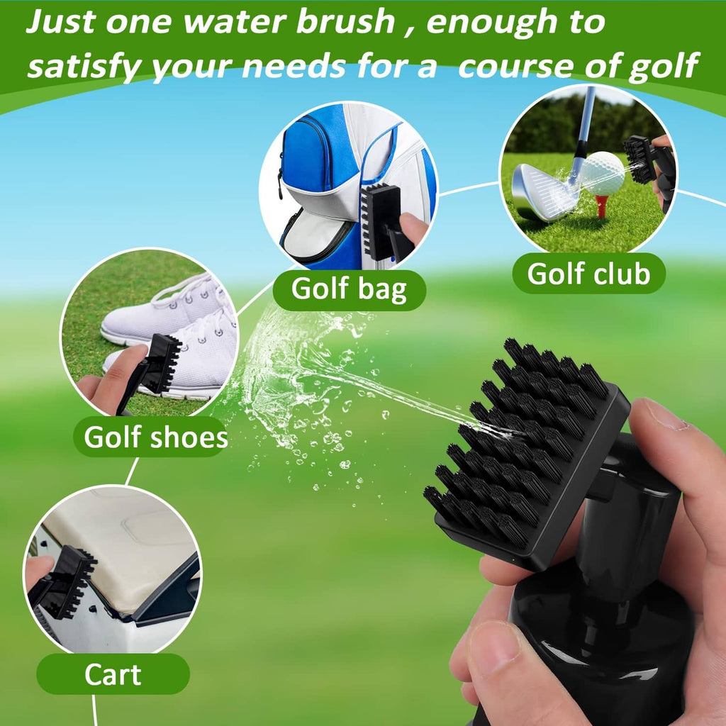 Golf club water brush with black retractable bristle head held in hand