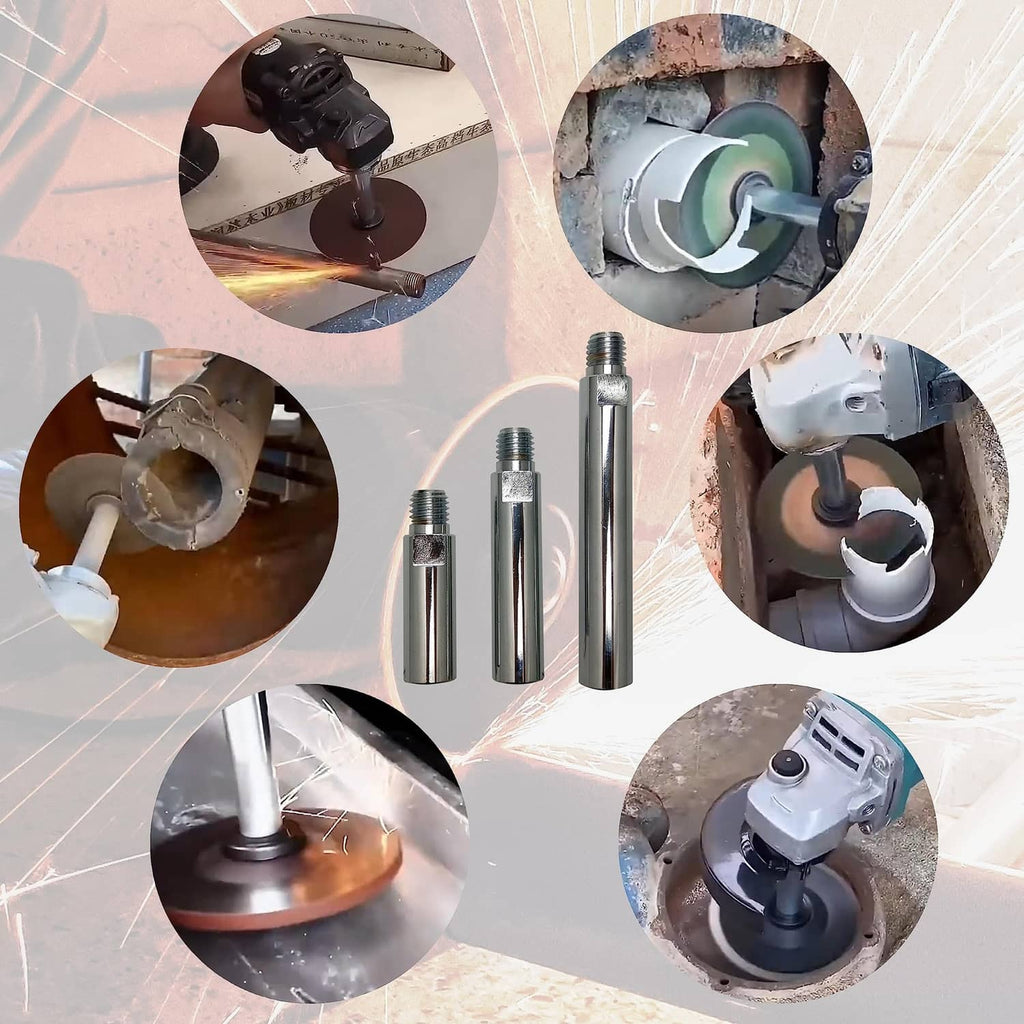 Angle grinder extension shaft with green handle and silver posts for grinder attachment