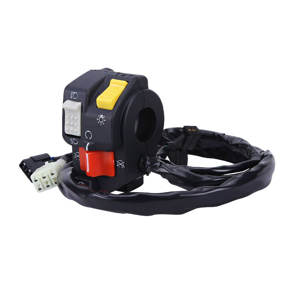 Black switch housing with yellow and red rocker buttons and bundled wiring