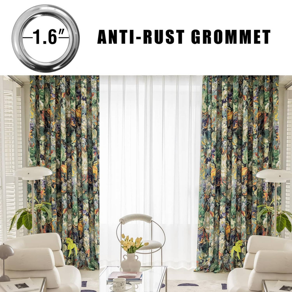 Floral green curtain set with anti-rust grommets along the top edge