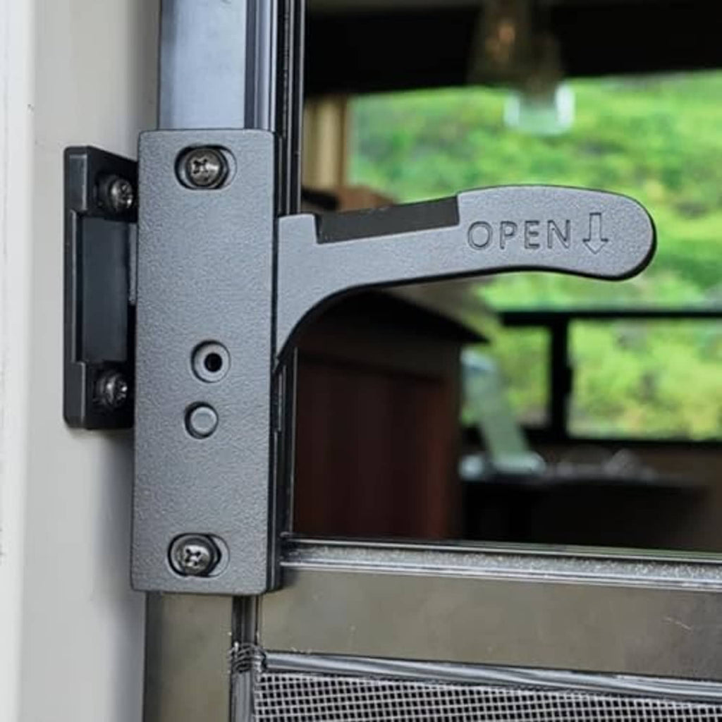 Gray metal RV screen door latch handle with OPEN lever and mounting screws