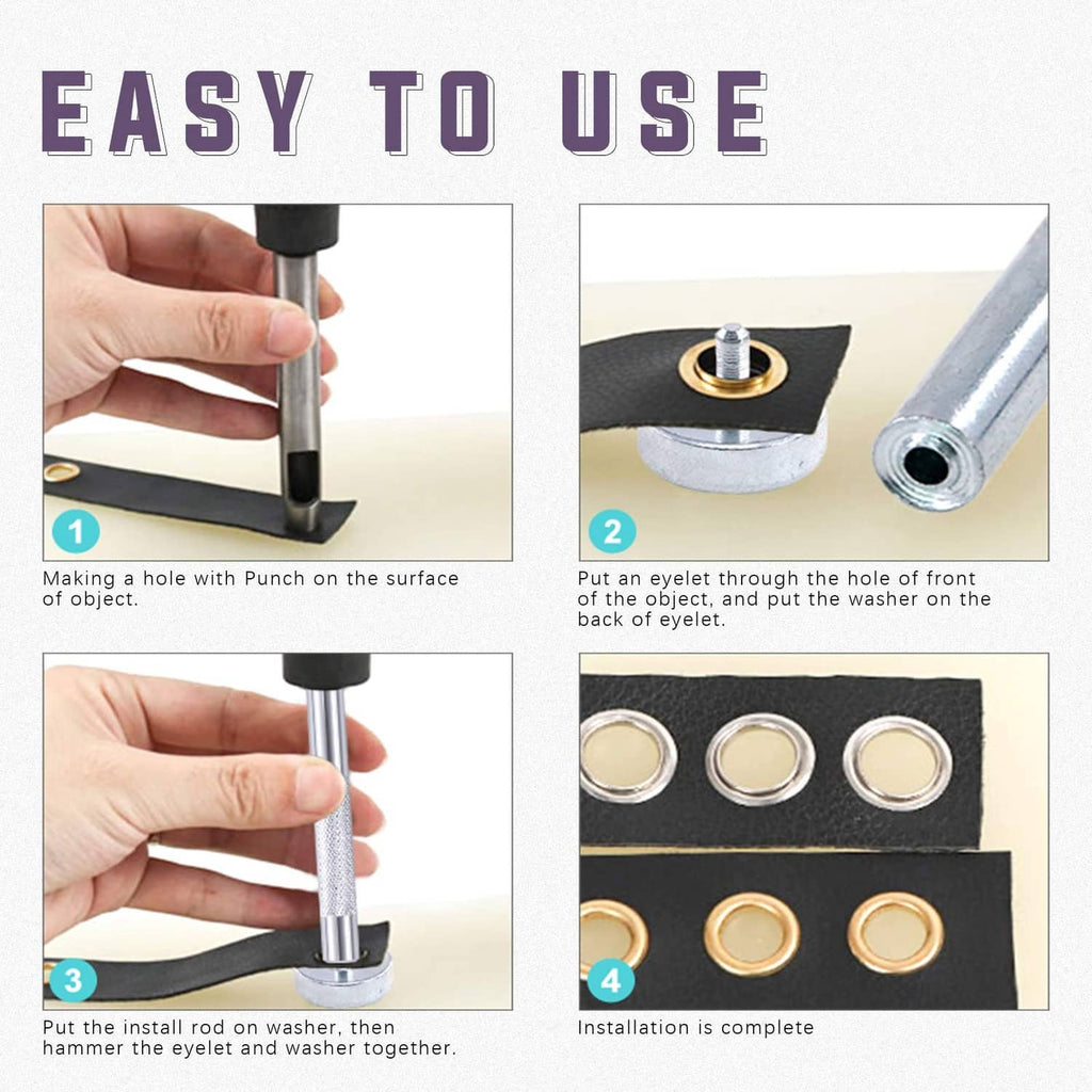 Handheld grommet installation steps using punch tool and inserted eyelet
