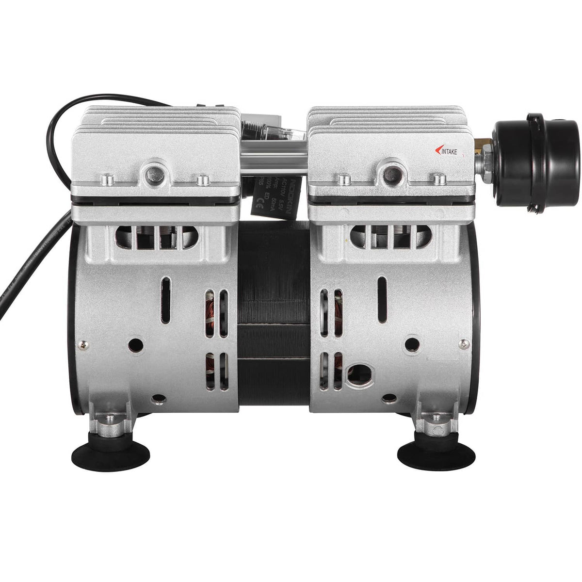 Pond aerator pump compressor front view with dual cylinders and black suction mounts