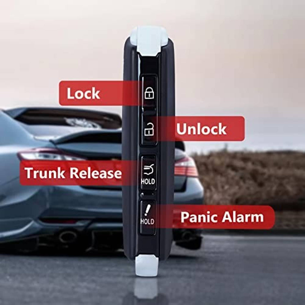 Key fob case with black button strip and silver top cap, upright view