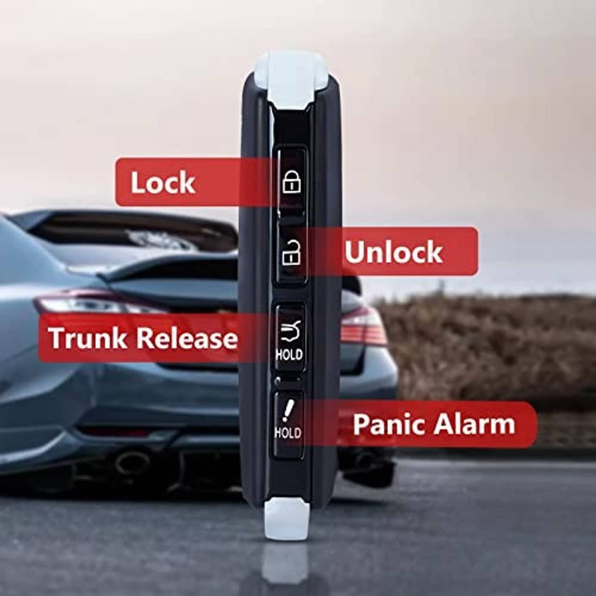 Key fob case with black button strip and silver top cap, upright view