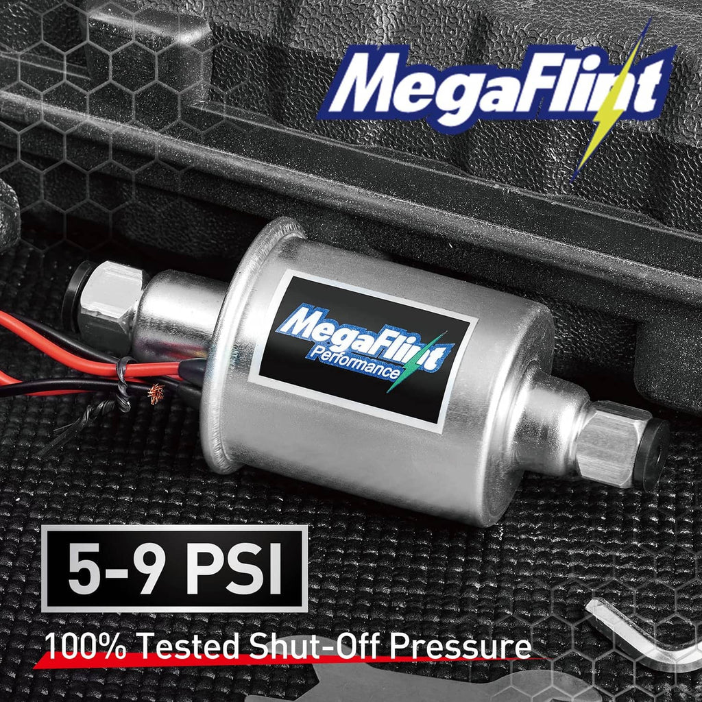 Electric inline fuel pump with MegaFlint label and 5-9 PSI rating on housing