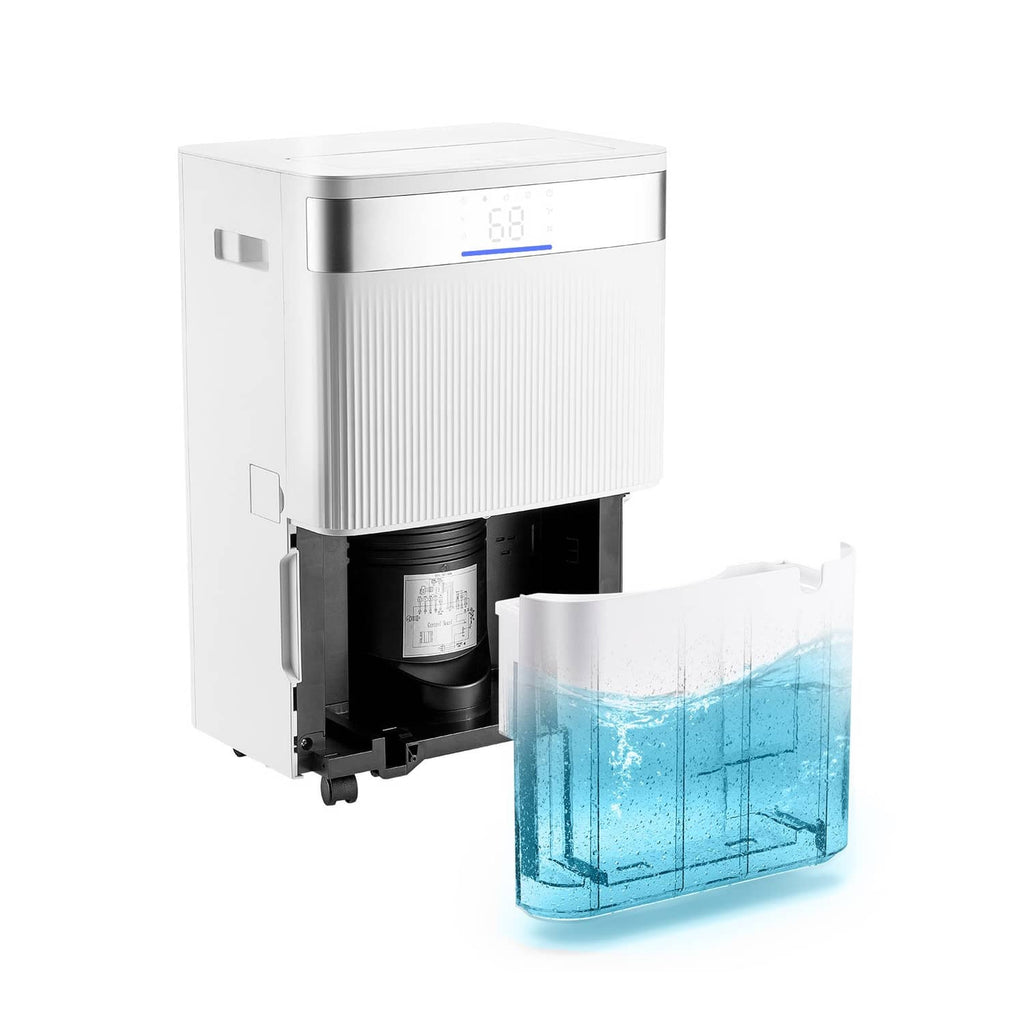 White dehumidifier with open bottom compartment and removable water tank with blue window