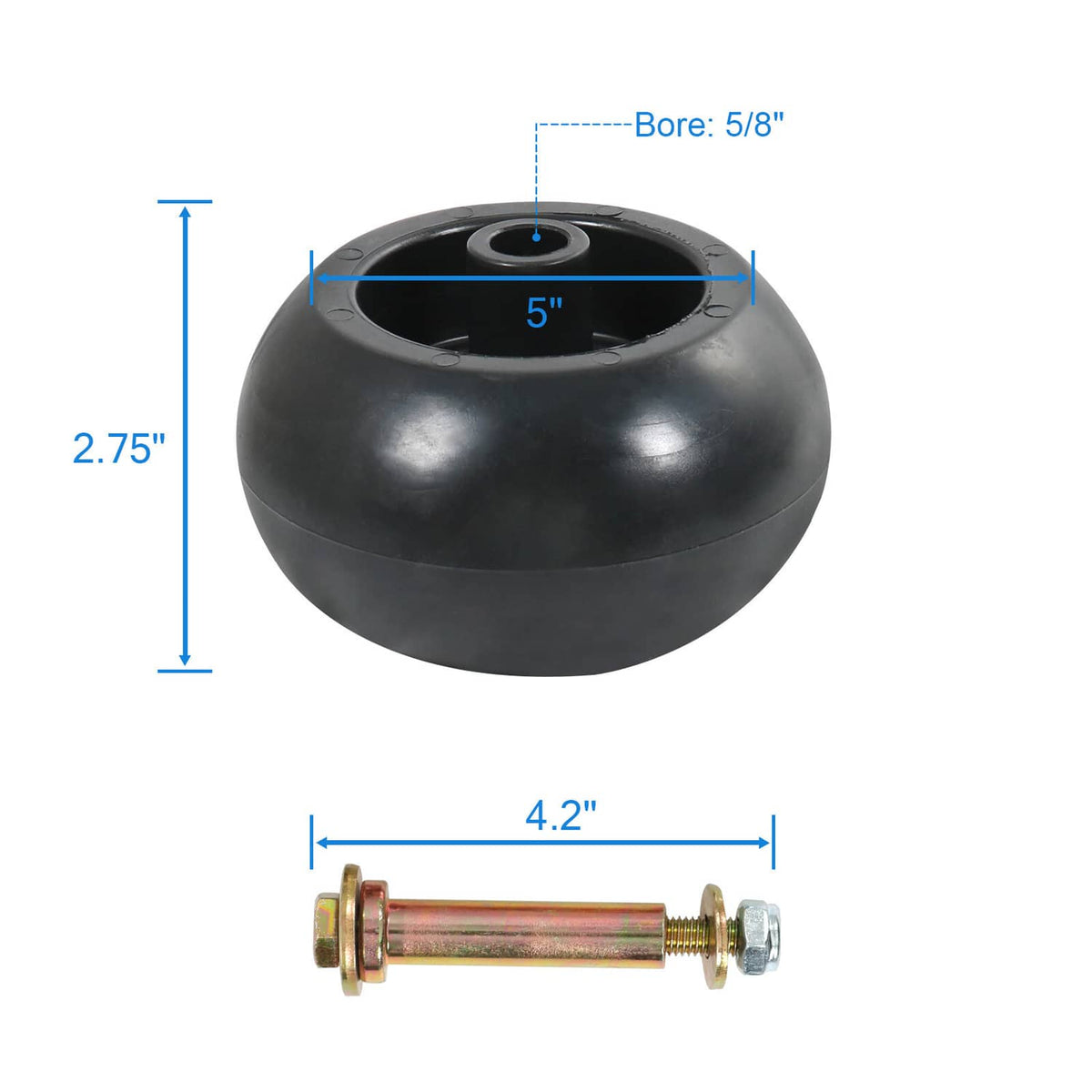 Black deck wheel and steel axle bolts with bore and length measurements