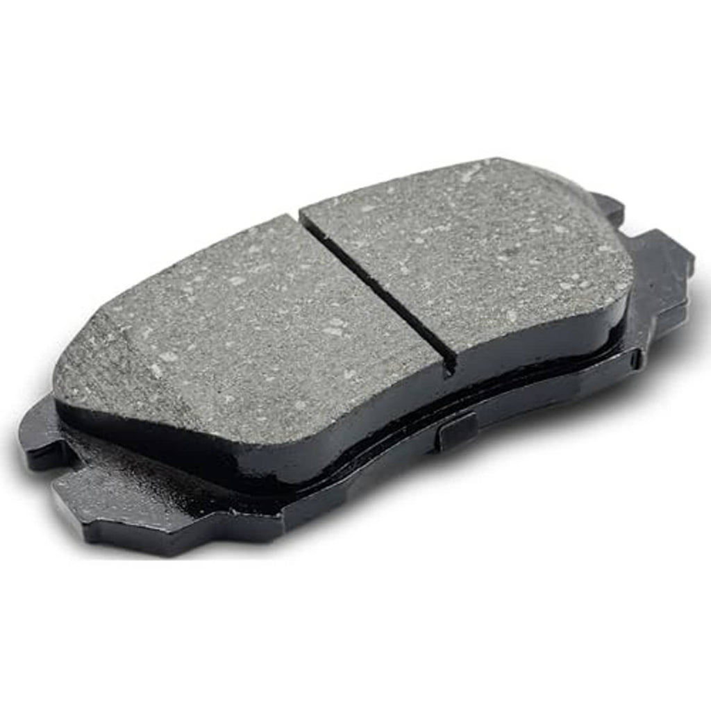 Ceramic front brake pad, grey friction surface with center split, black metal backing