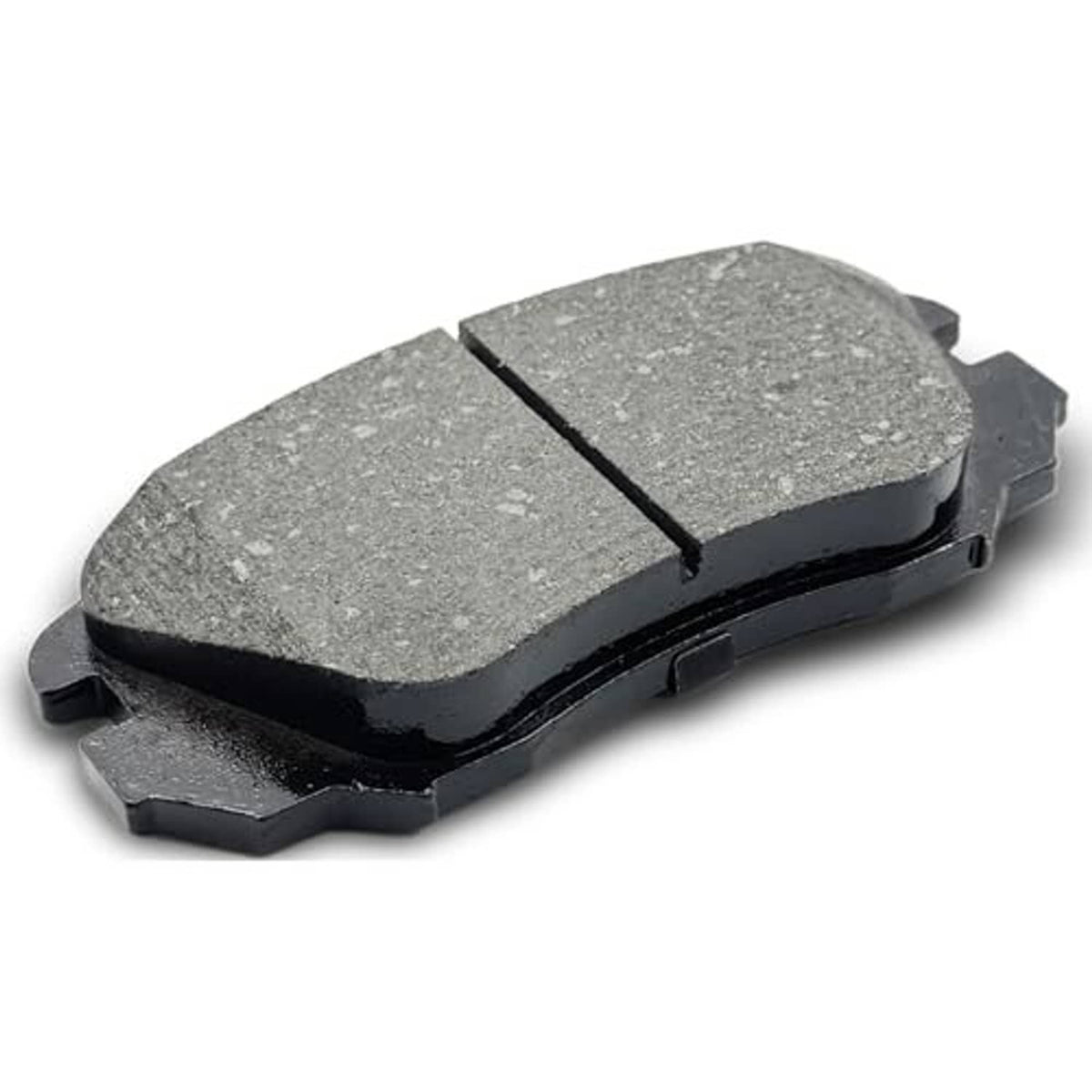 Ceramic front brake pad, grey friction surface with center split, black metal backing