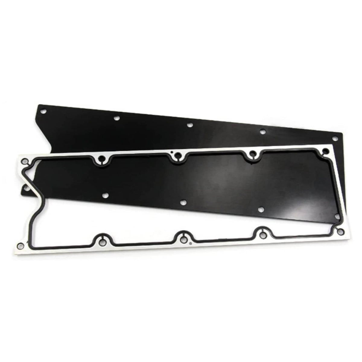 Black knock sensor delete cover plate with attached gasket and bolt holes