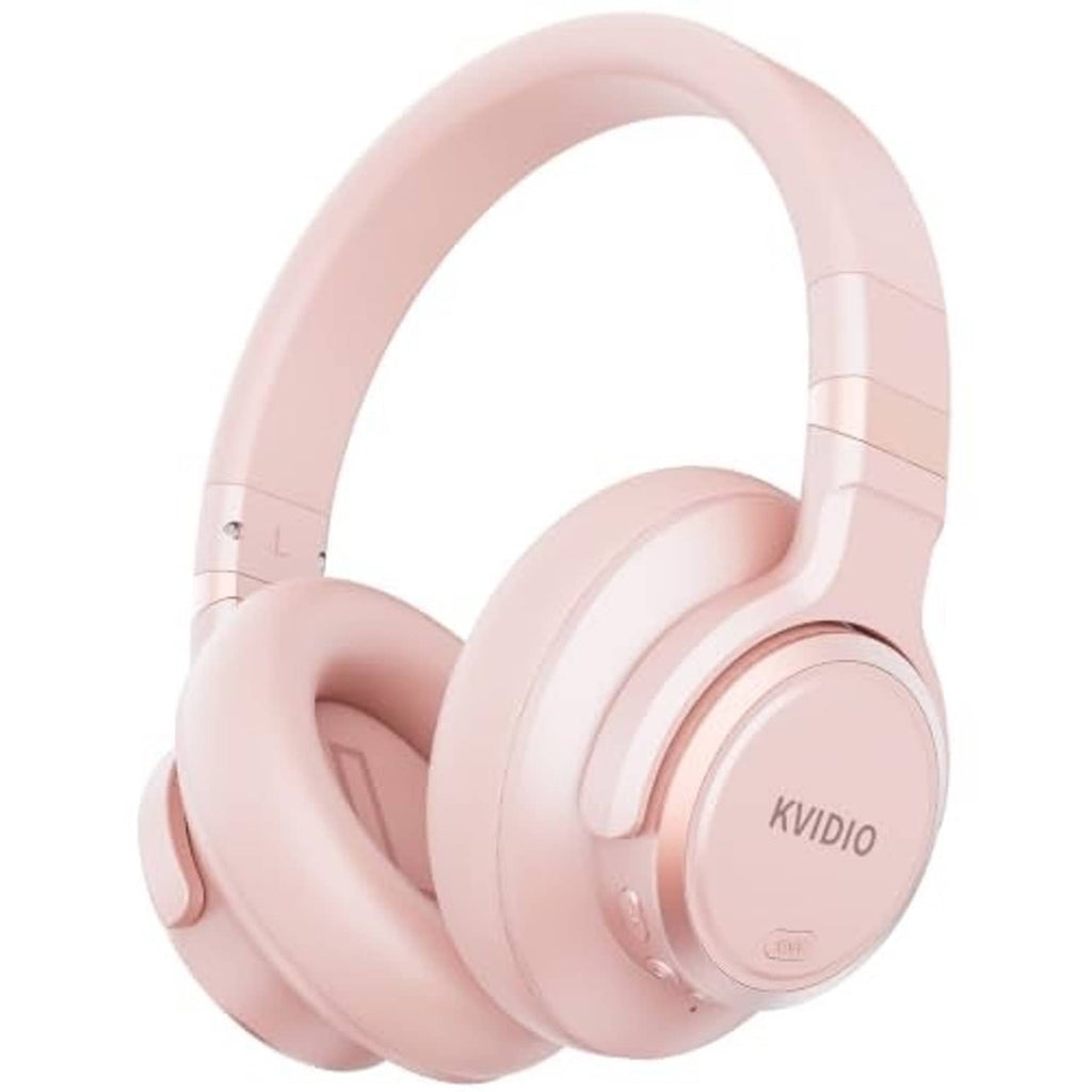 Pink over-ear wireless headphones, KVIDIO logo on the earcup
