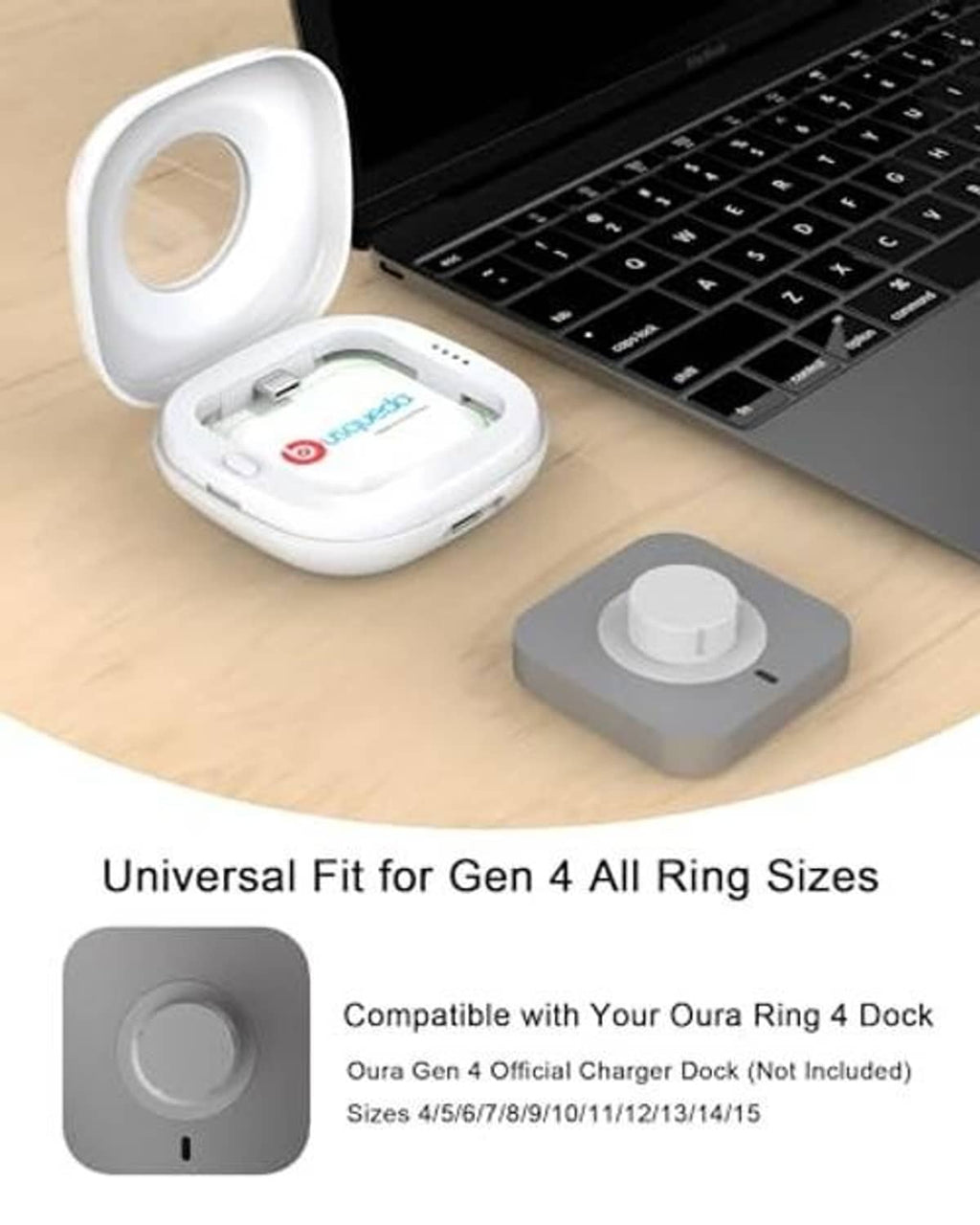 White charging case with open lid and circular dock, compact travel design