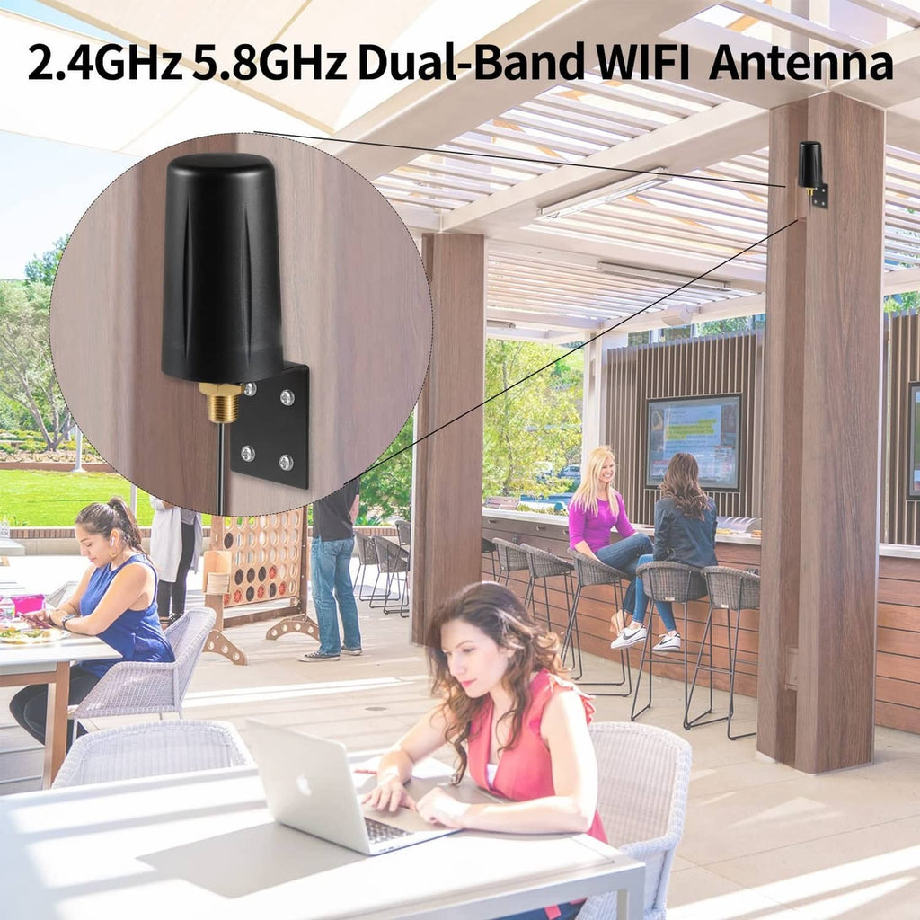 Black wall-mount WiFi antenna installed outdoors for dual-band wireless coverage
