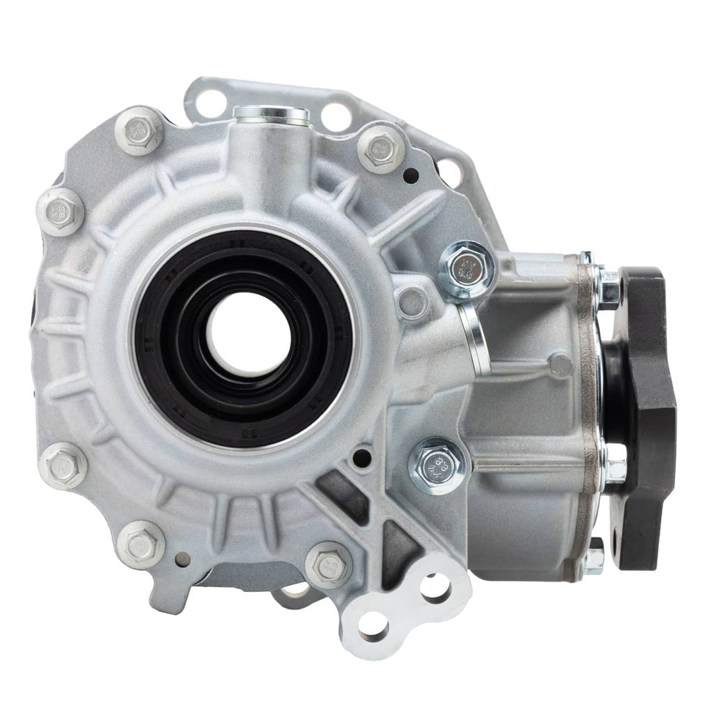 Transfer case assembly front view with large black seal and side mounting housing