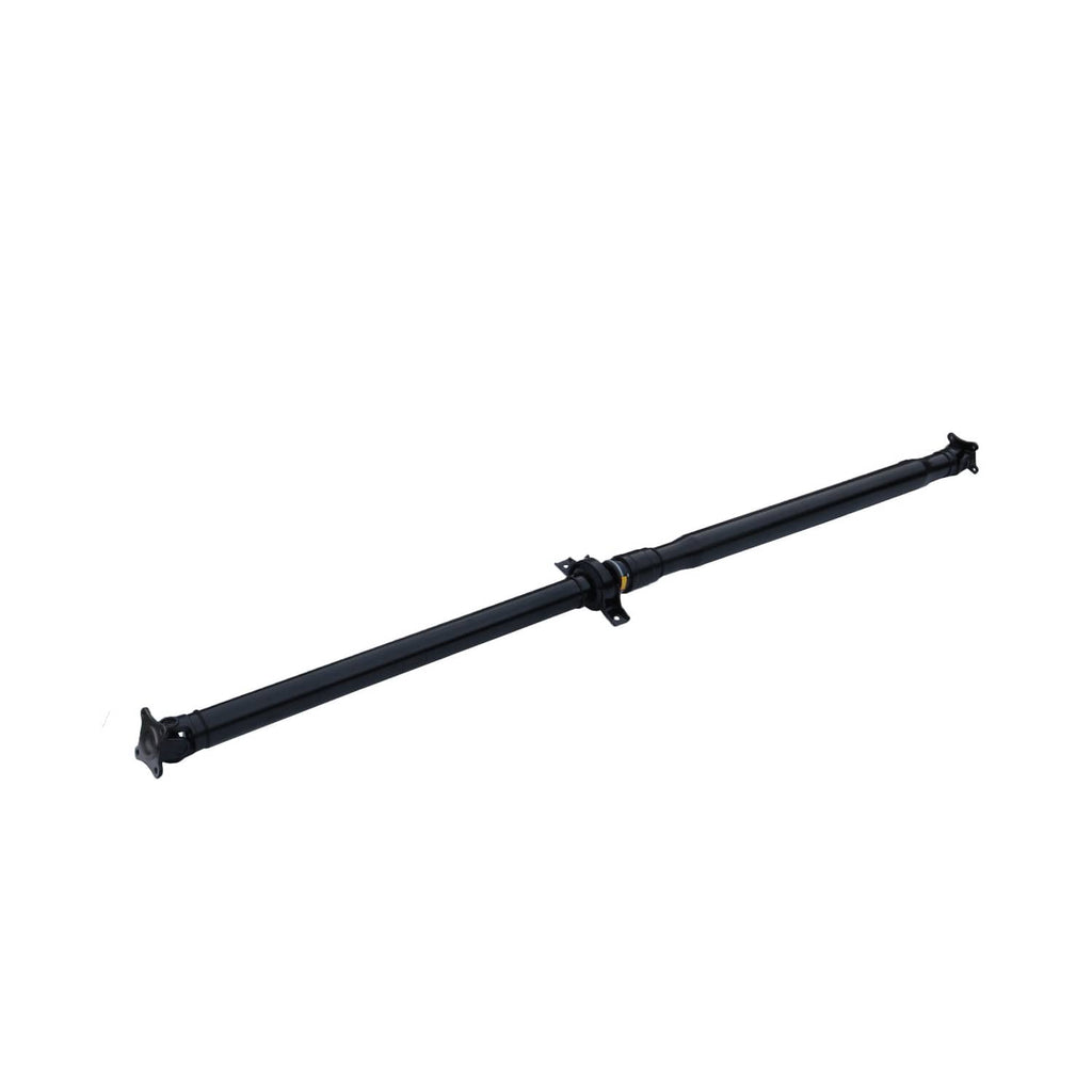 Rear driveshaft assembly angled view, black tube with end yokes and brackets