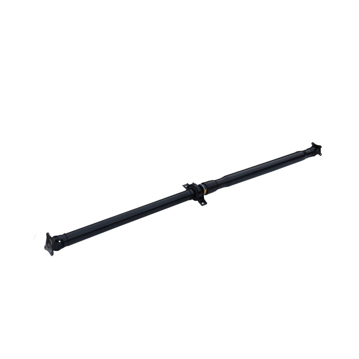 Rear driveshaft assembly angled view, black tube with end yokes and brackets