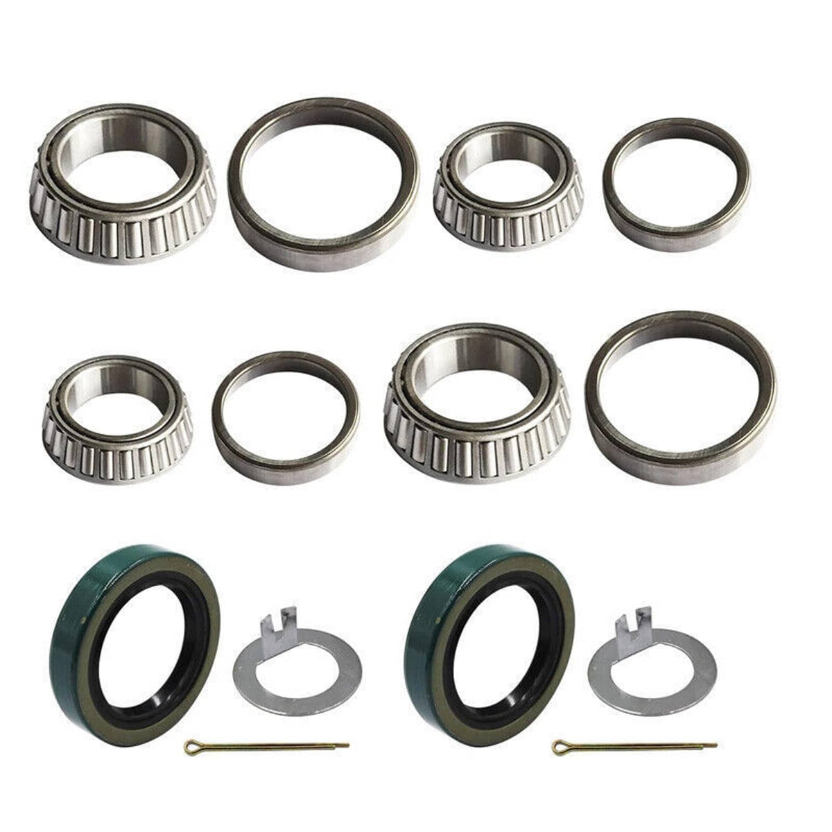 Trailer bearing kit seals set parts including tapered roller bearings, races, and seals