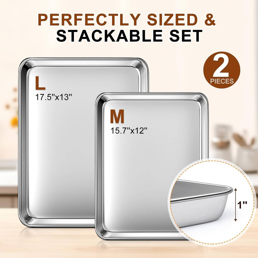 Stackable silver stainless steel baking sheet set: large and medium sizes, 2 pieces