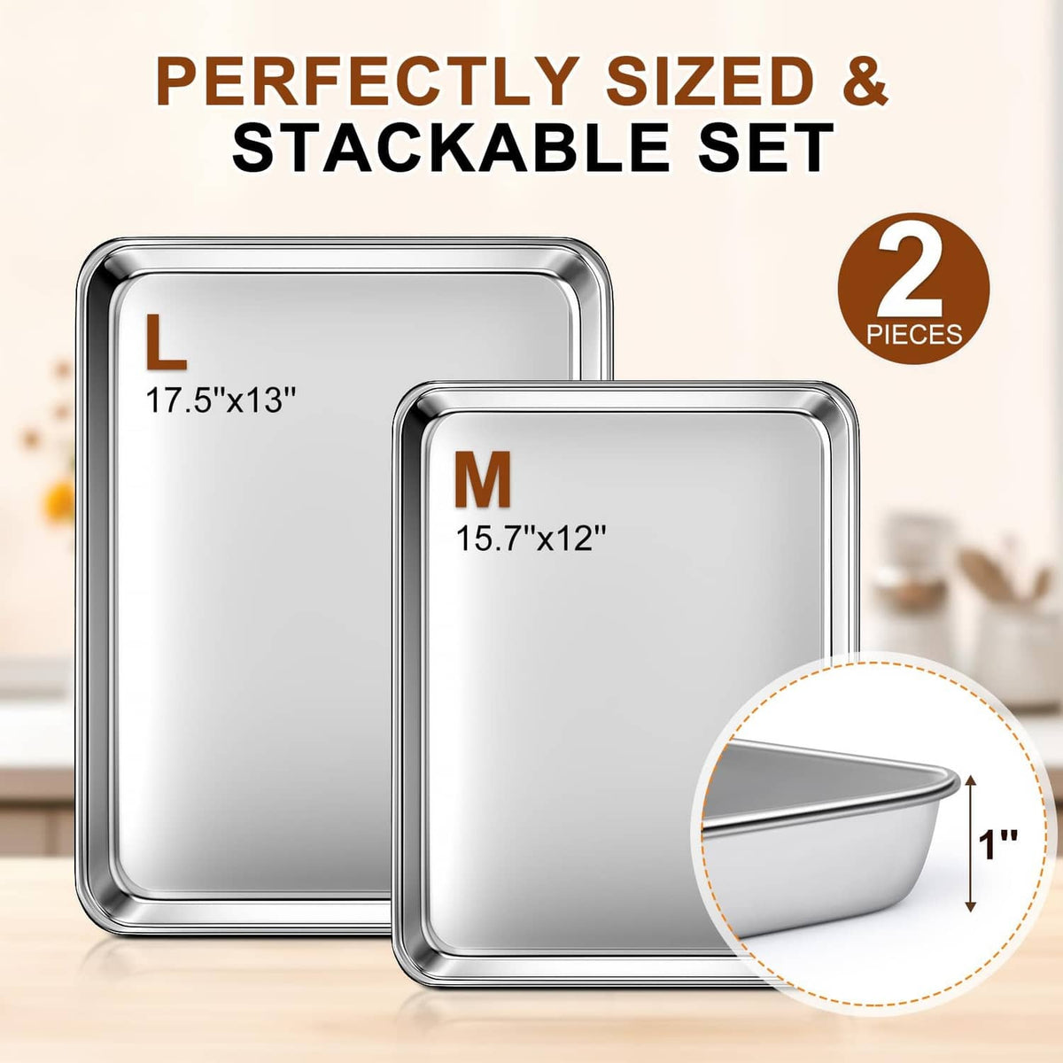Stackable silver stainless steel baking sheet set: large and medium sizes, 2 pieces