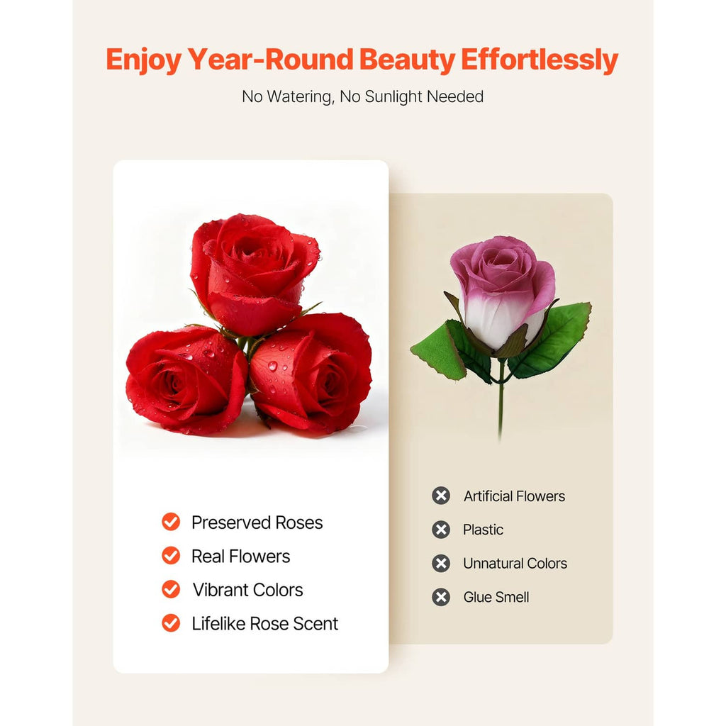 Red preserved roses in a black heart-shaped box with orange-red ribbon band