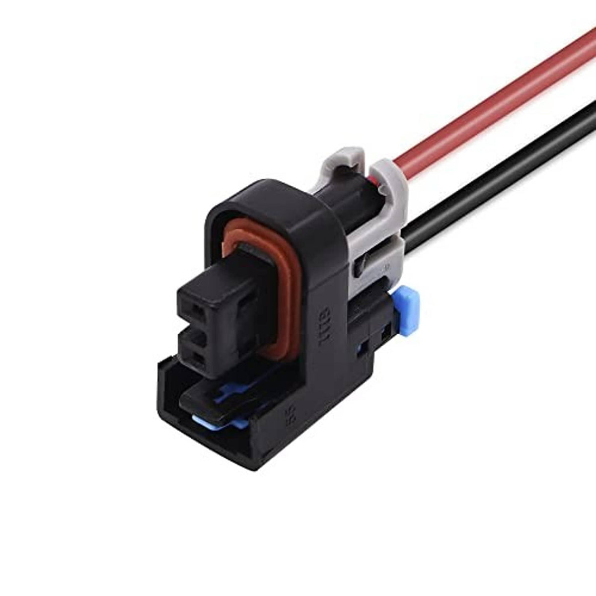 Fuel injector connector pigtail with orange insert seal and red/black wires