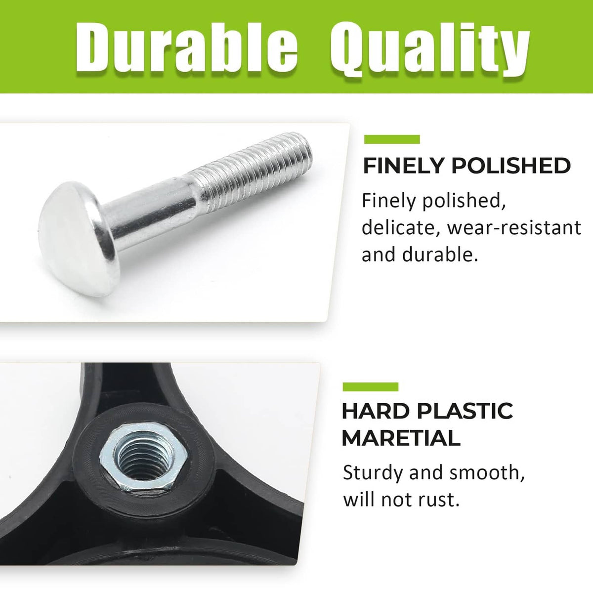 Black plastic handle knob and silver polished screw bolt with threaded end