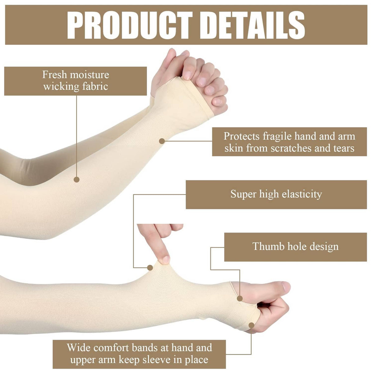 Close-up of beige protective arm sleeve fabric with thumb hole and elasticity