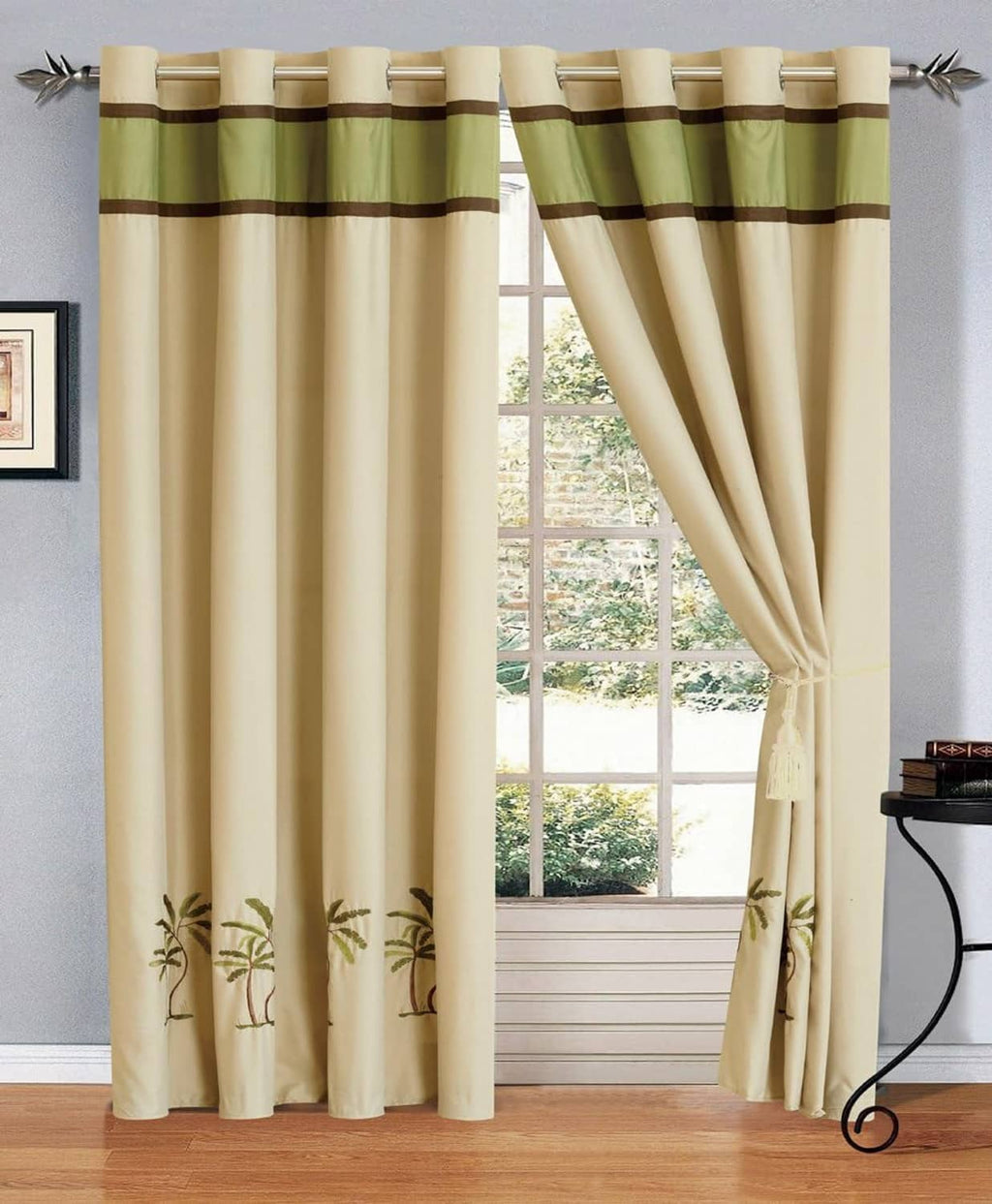 Sage and beige striped window curtains with palm tree embroidery at the bottom hem