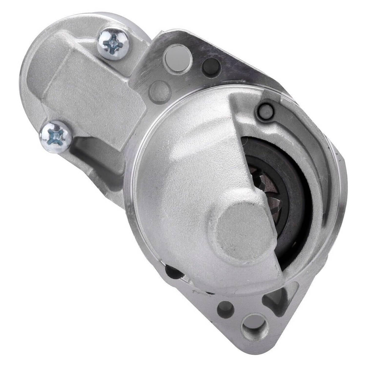 Starter motor rear end view with silver housing and mounting holes