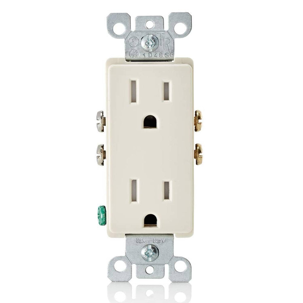 Light almond tamper-resistant duplex outlet receptacle, front view, metal mounting clips