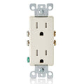Light almond tamper-resistant duplex outlet receptacle, front view, metal mounting clips