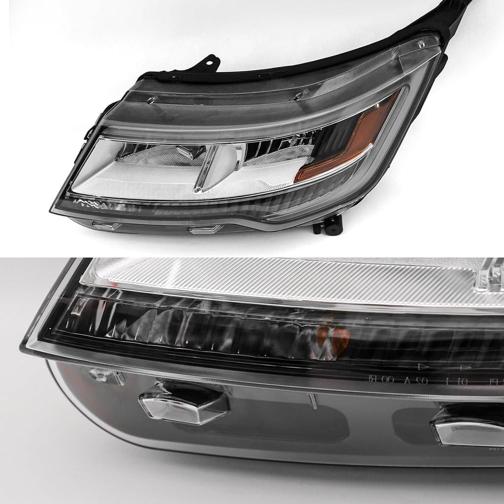 LED headlight corner view with amber marker lens and chrome-reflector interior