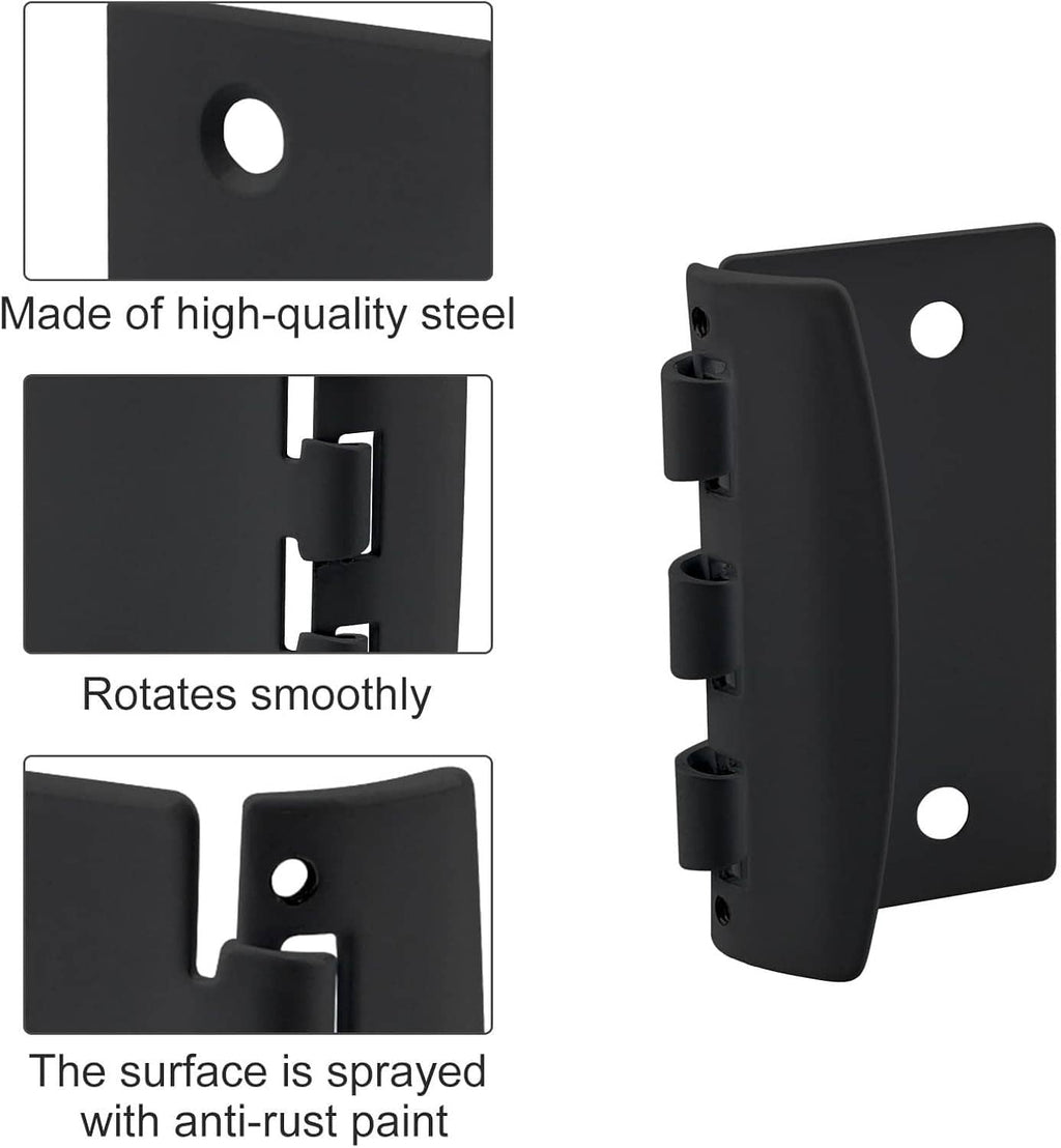 Black flip action door lock with steel plates and pivoting hinge latch