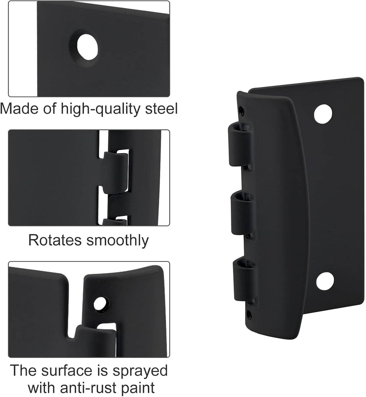 Black flip action door lock with steel plates and pivoting hinge latch
