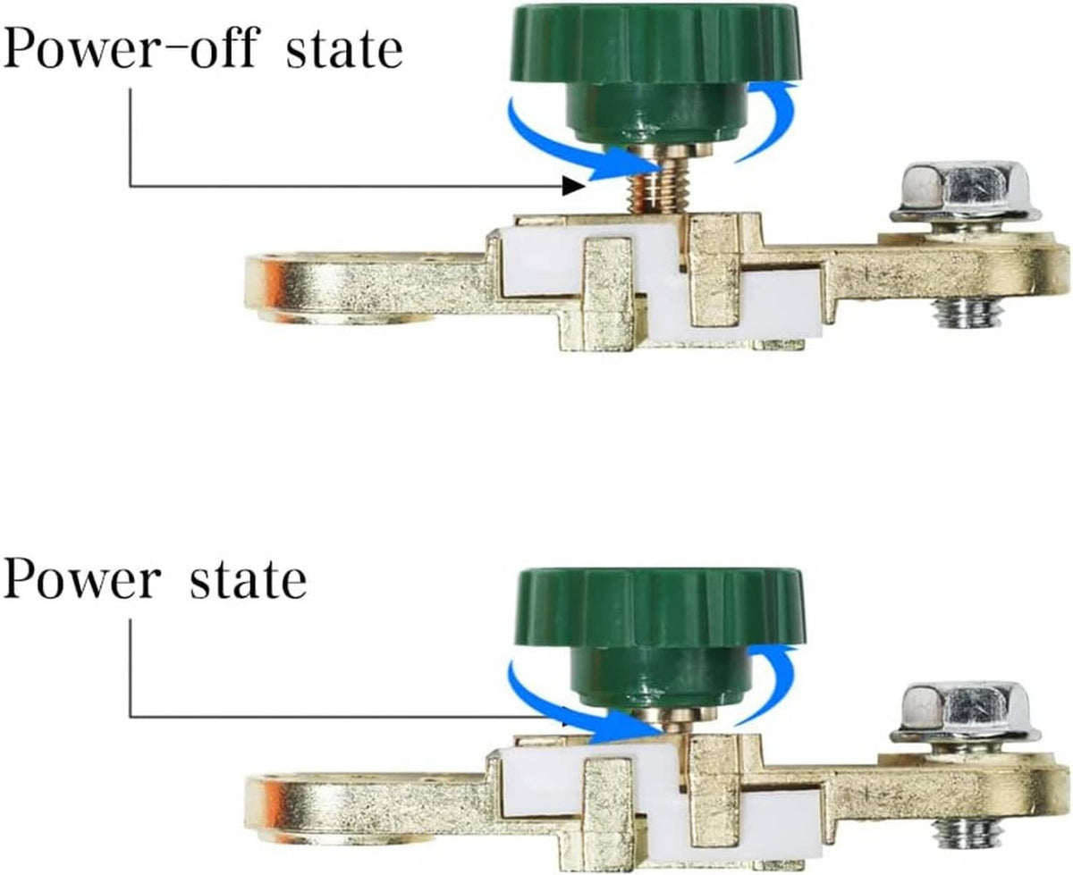 Car battery disconnect switch with green rotary knob and brass terminal plate
