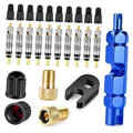 Presta valve core repair kit with blue remover tool, black wrench, caps, and brass adapters