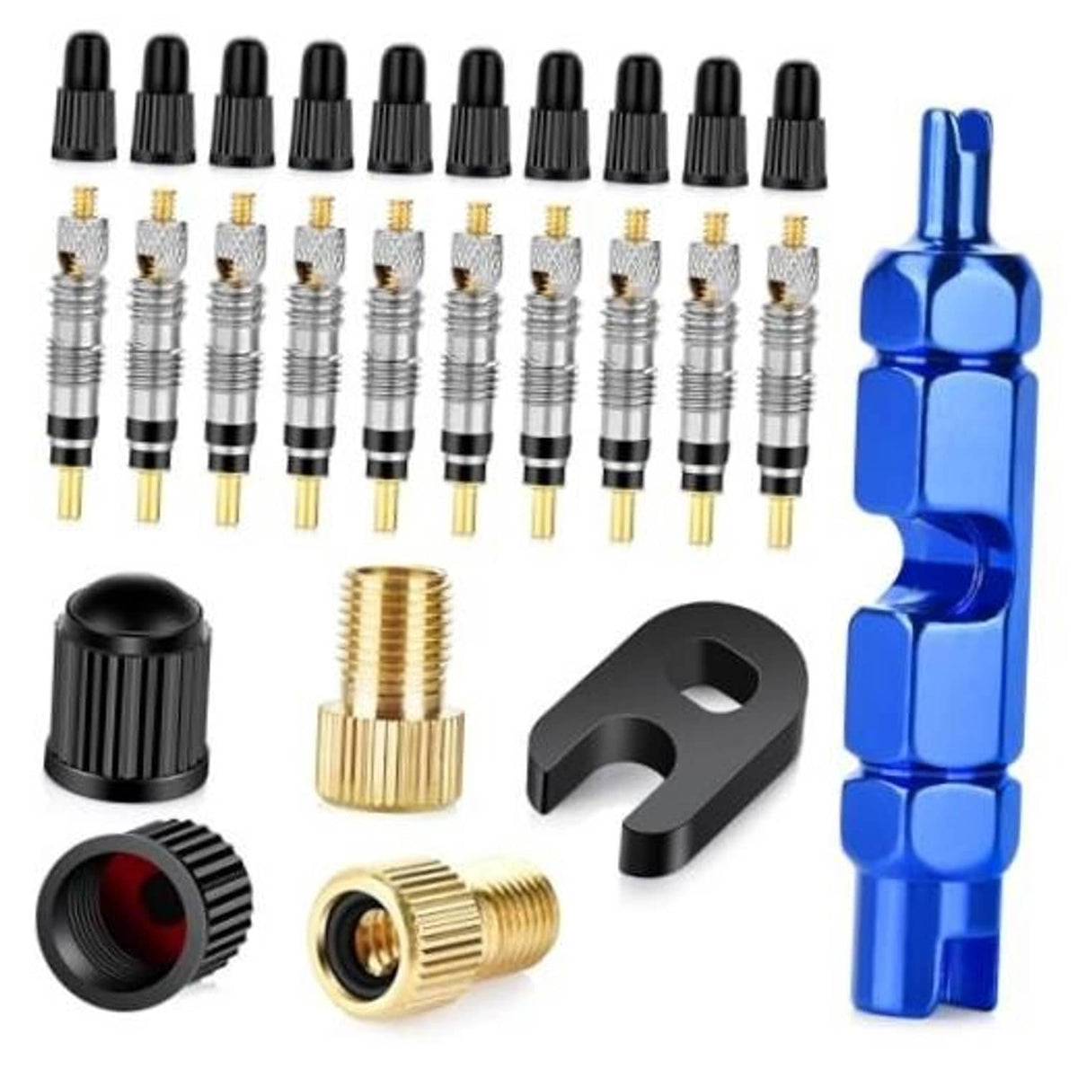 Presta valve core repair kit with blue remover tool, black wrench, caps, and brass adapters