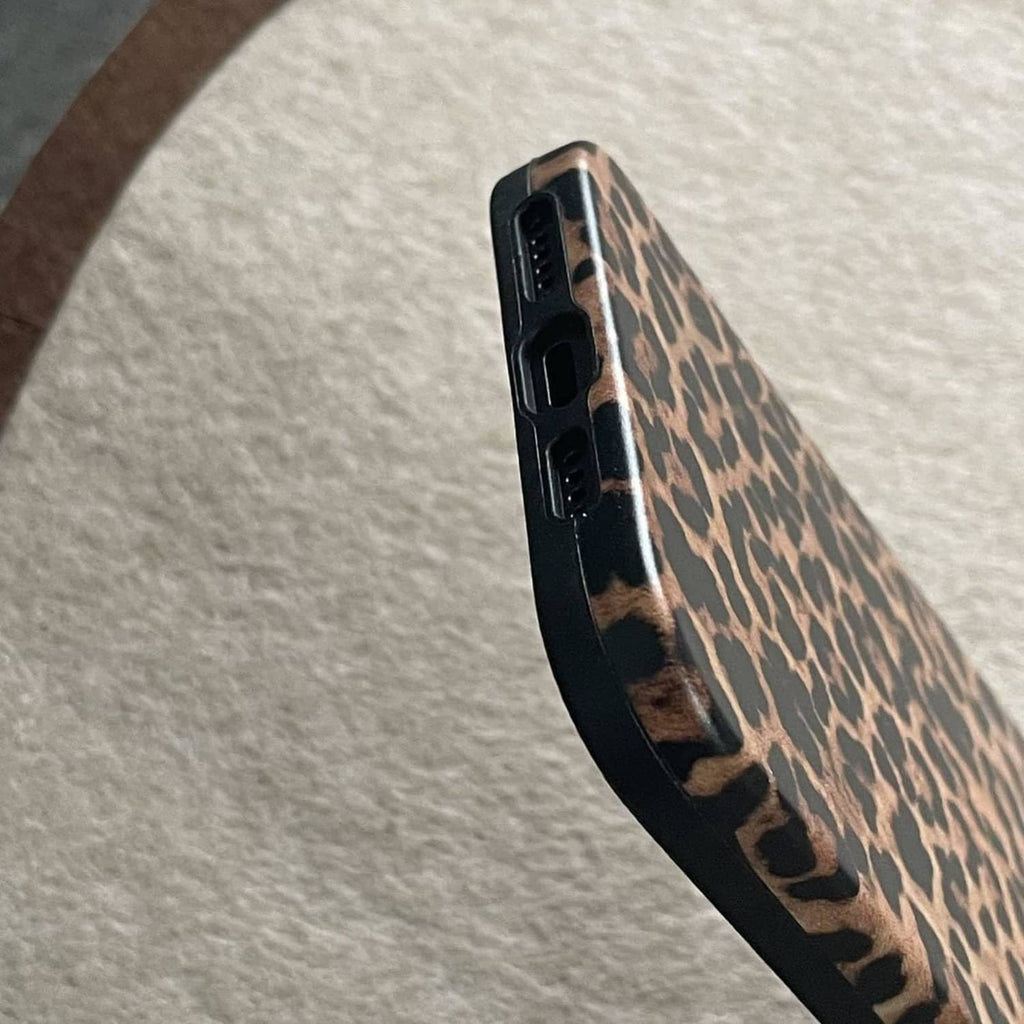 Brown leopard print phone case side showing openings and button slots