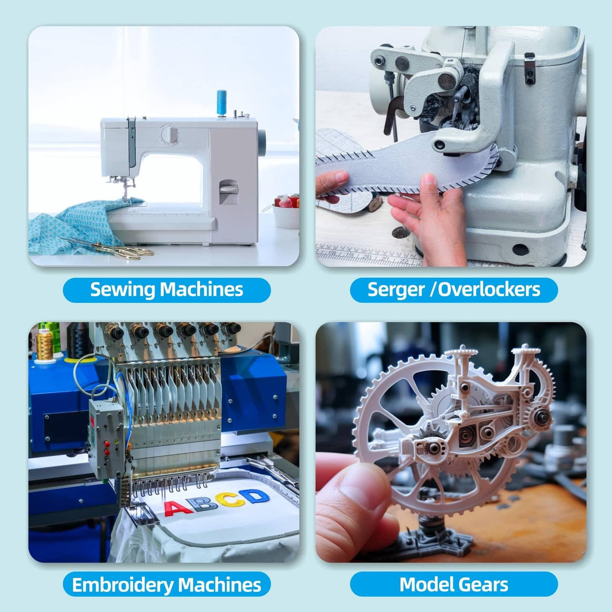 Sewing machine oil kit collage for sewing, serger/overlocker, embroidery, and gears