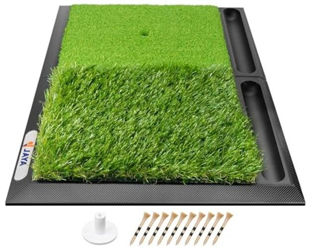 Foldable golf practice mat with green artificial turf, black rubber base, white tee holder and tees