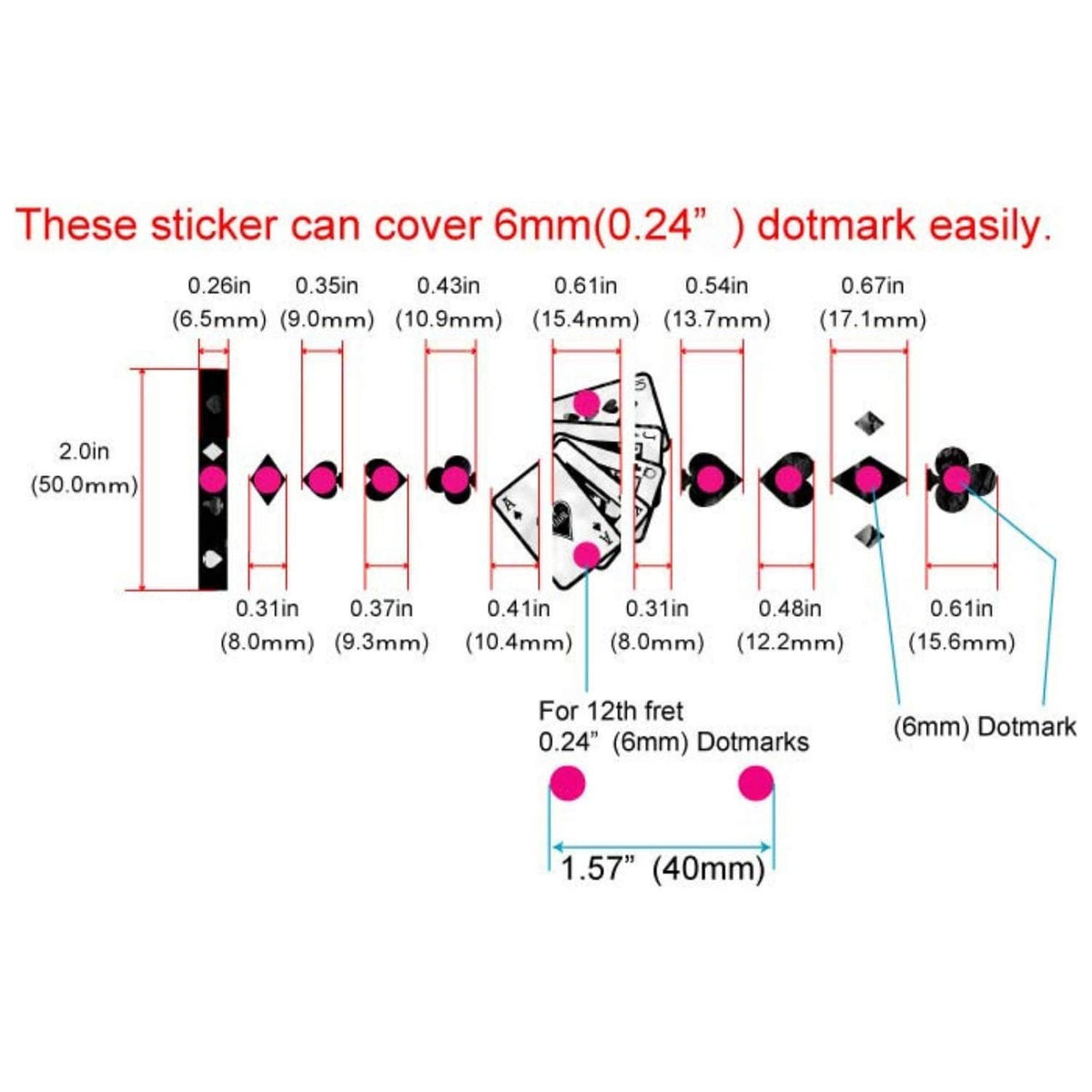 Measurement diagram for guitar inlay dot stickers with heart and spade layout