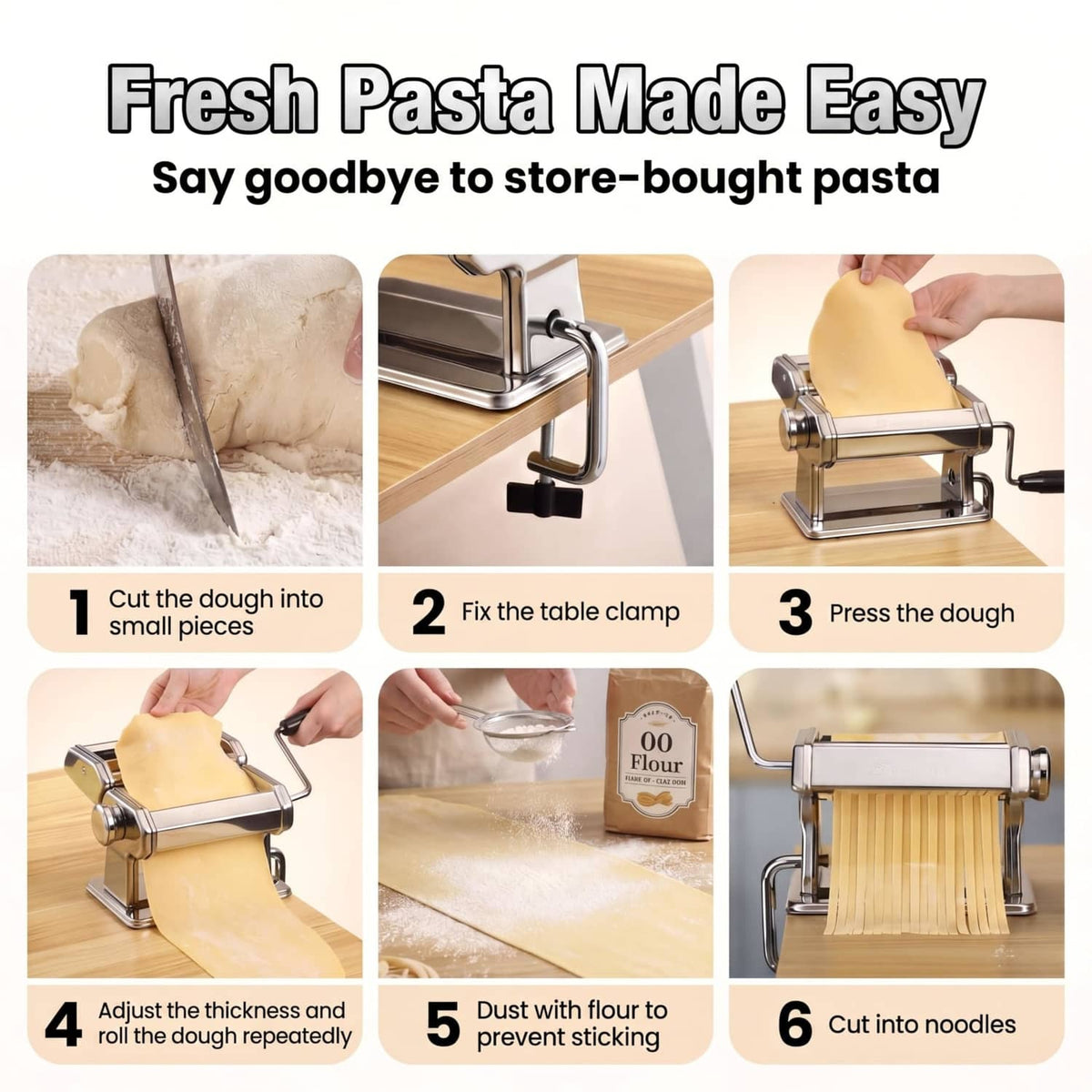 Manual pasta maker with handle and rollers, forming and cutting fresh noodles